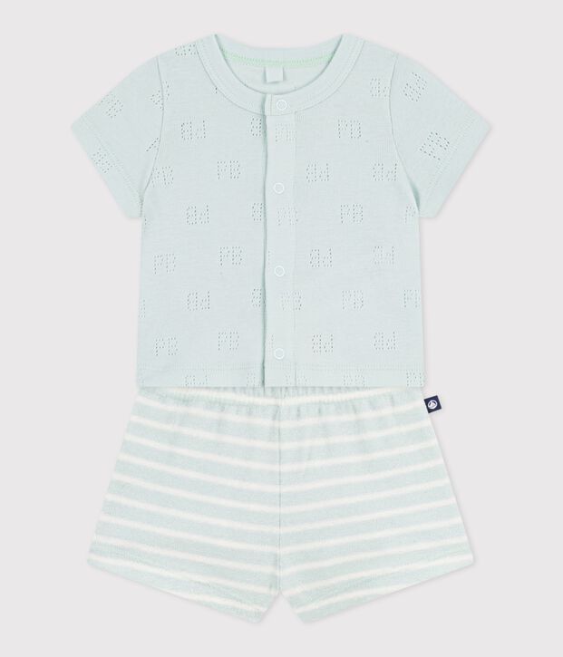 Ensemble court 2 pi&egrave;ces b&eacute;b&eacute; en coton, bas ray&eacute; bleu/&eacute;cru