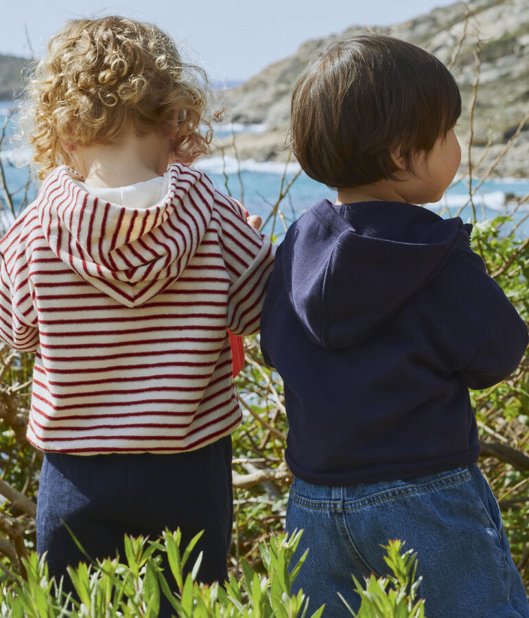 Sweatshirt &agrave; capuche b&eacute;b&eacute; en bouclette &eacute;ponge &eacute;cru/rouge
