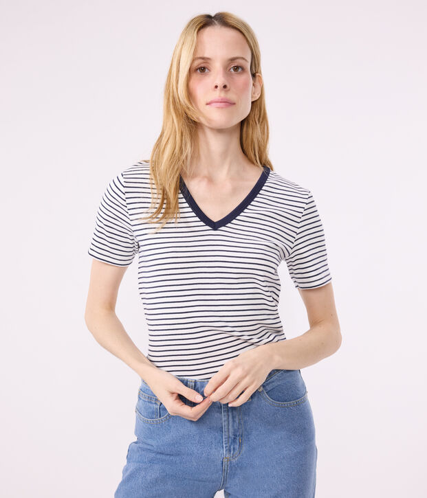 L'Iconique, gestreept katoenen T-shirt met V-hals voor dames wit/blauw