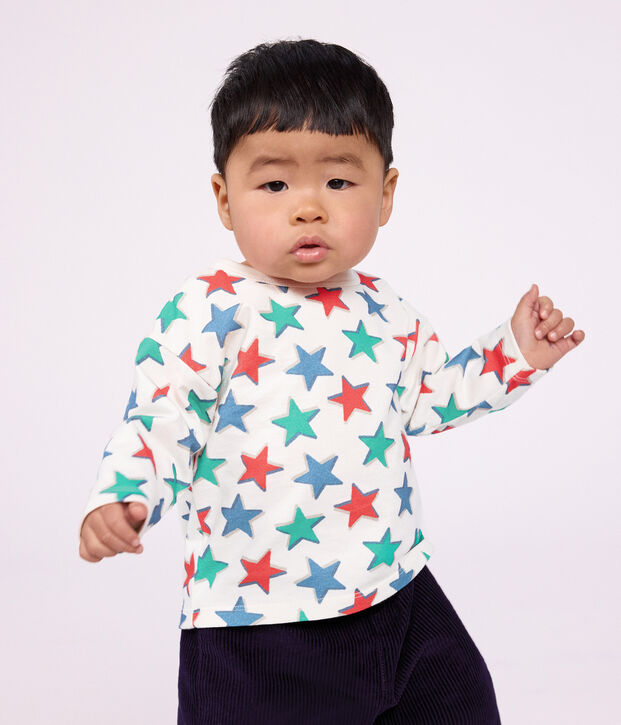 Katoenen T-shirt voor baby's met lange mouwen en sterrenprint ecru/multicouleur