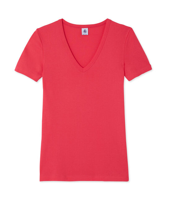 Dames-T-shirt met V-hals in origineel geribd katoen roze GEISHA