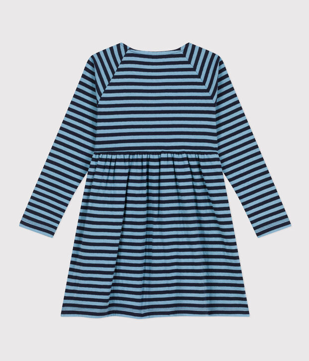 Gestreepte meisjesjurk met lange mouwen in tubic blauw/blauw