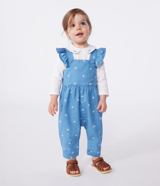 Salopette bébé en coton jambes longues, brodée de fleurs bleu ALASKA/blanc MARSHMALLOW