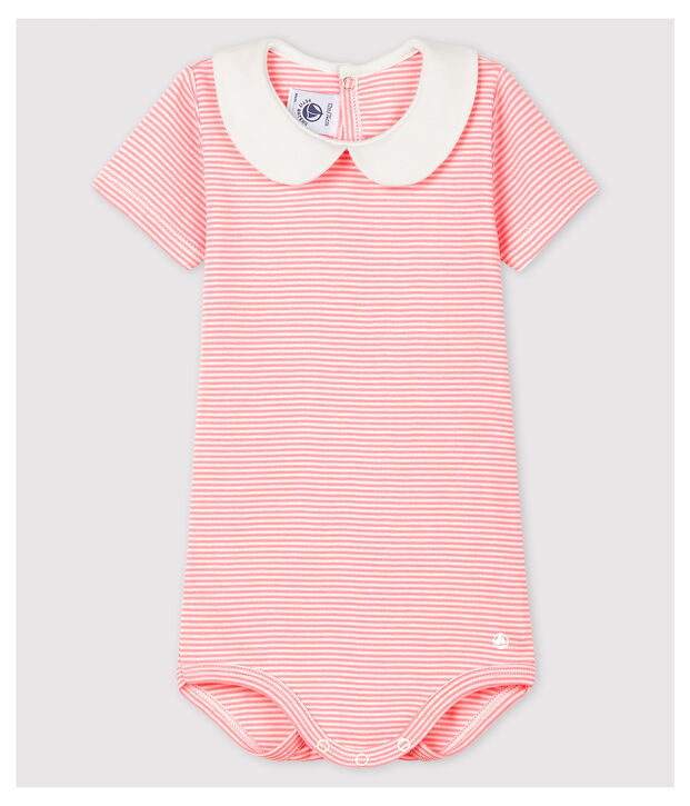 Katoenen romper voor babymeisjes met Peter Pan-kraag roze/wit