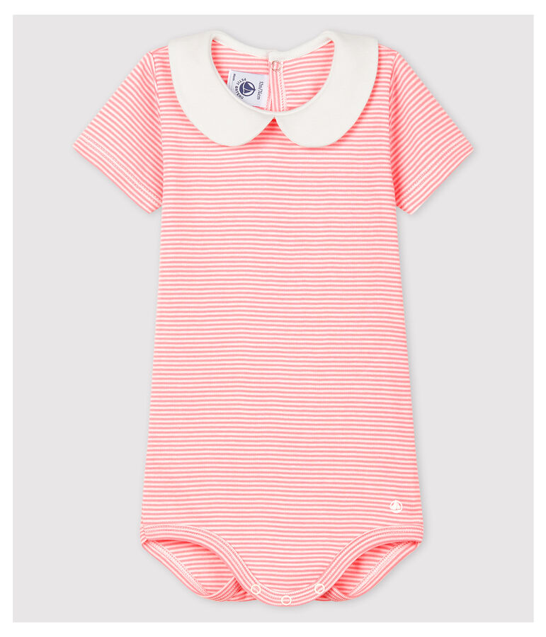 Katoenen romper voor babymeisjes met Peter Pan-kraag roze GRETEL/wit MARSHMALLOW