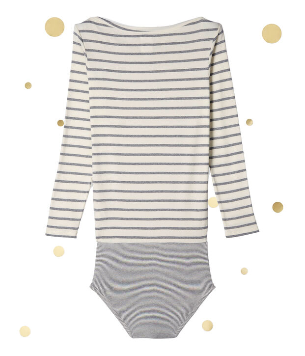 Damesbody met lange mouwen. Petit bateau x Marie-Agn&egrave;s Gillot wit/grijs