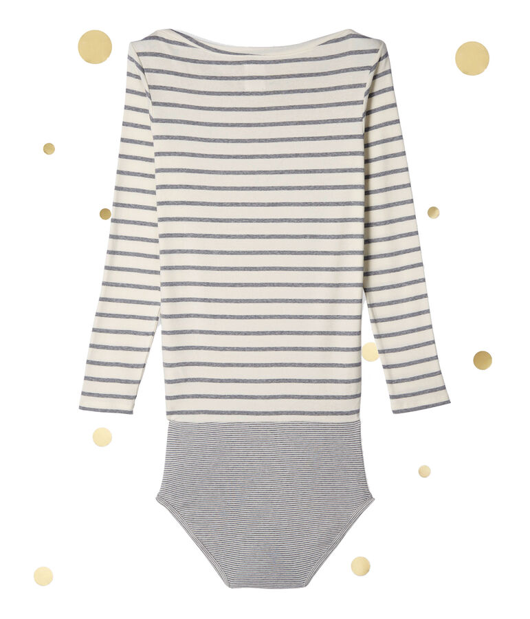Damesbody met lange mouwen. Petit bateau x Marie-Agn&egrave;s Gillot wit/grijs