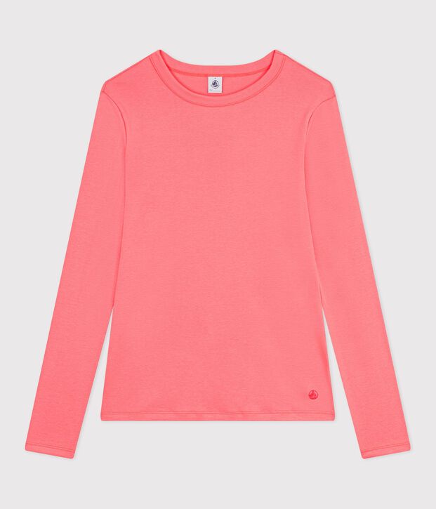 Tee-shirt femme en coton manches longue uni corail