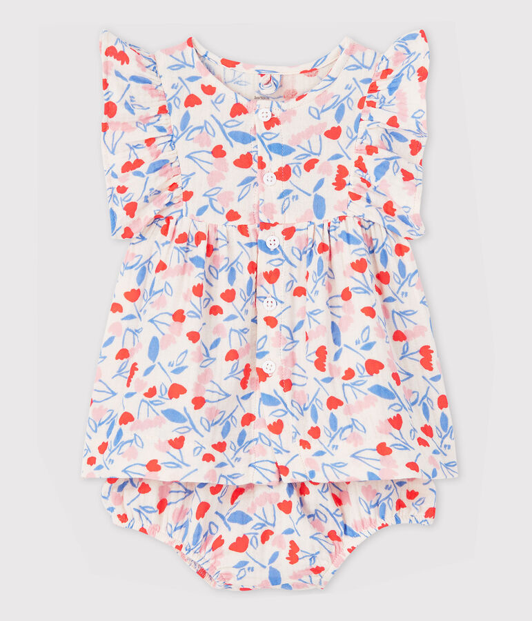 Mouwloze bloemenjurk met bloomers voor babymeisjes van biologisch katoenen luierstof roze/multicouleur