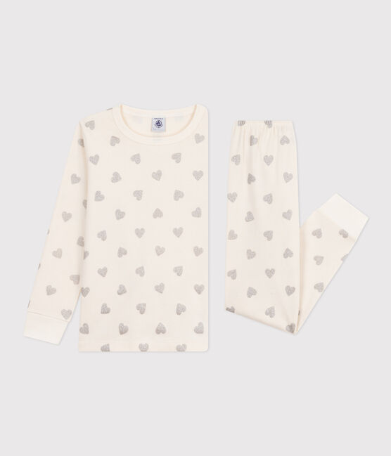 Pyjama enfant en coton imprimé cœurs argentés écru MILK/ ARGENT