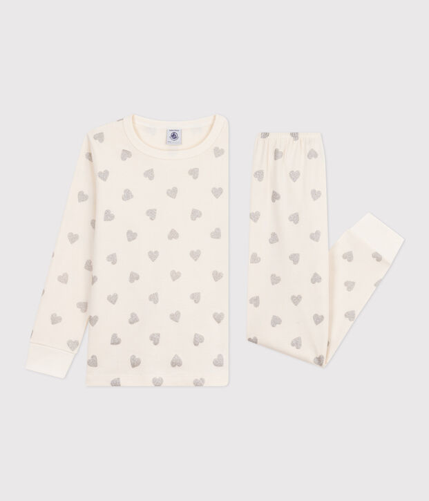 Katoenen pyjama met zilverkleurige hartjesprint voor kinderen ecru/grijs
