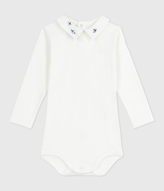Body bébé en coton à col brodé, uni blanc MARSHMALLOW