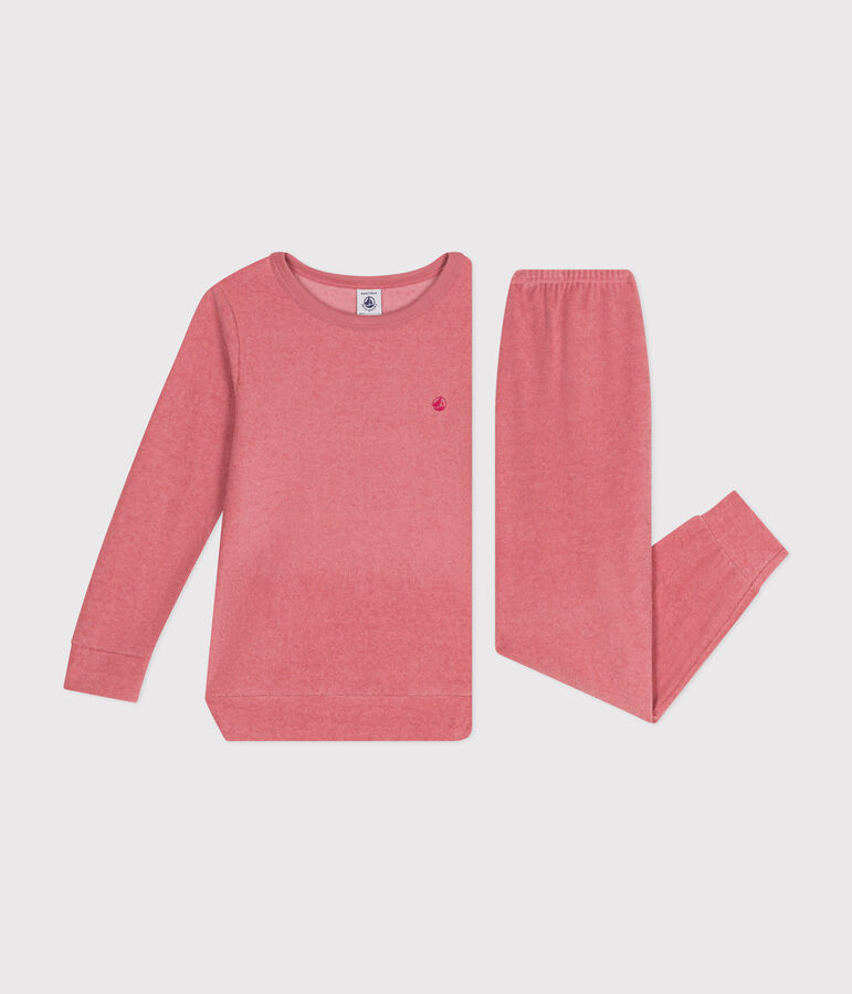 Effen kinderpyjama van geruwde boucl&eacute; badstof roze
