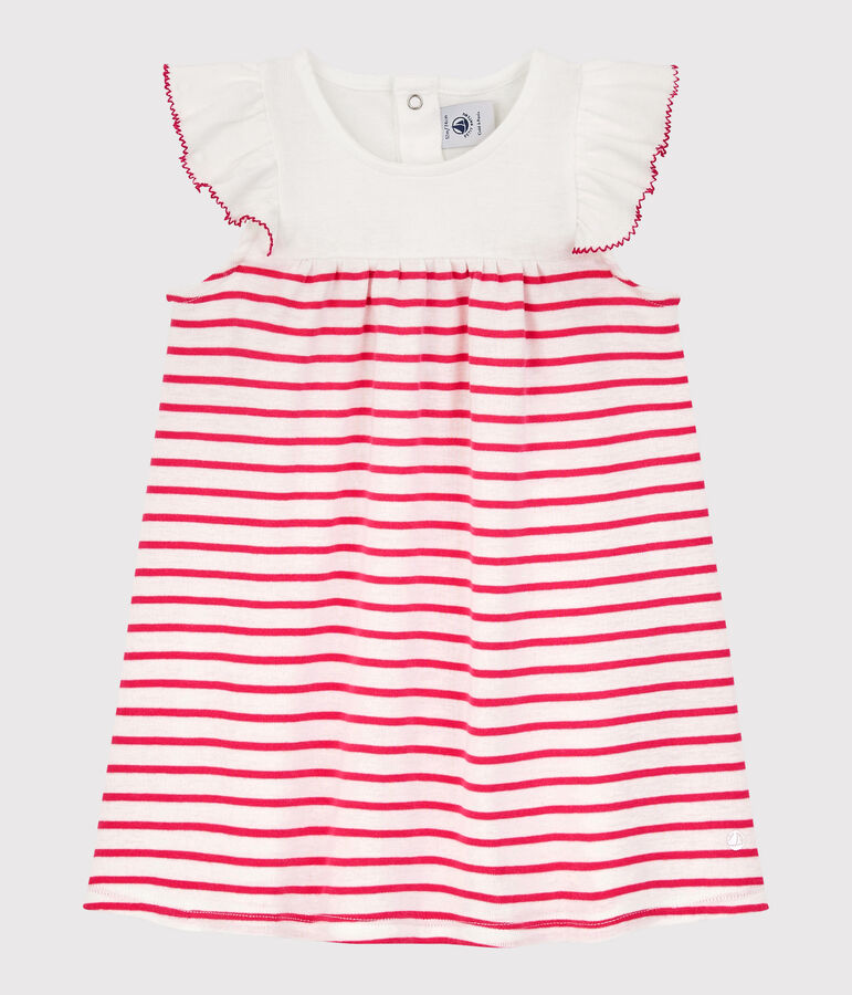 Robe manches courtes en c&ocirc;te ray&eacute;e b&eacute;b&eacute; fille blanc/rose