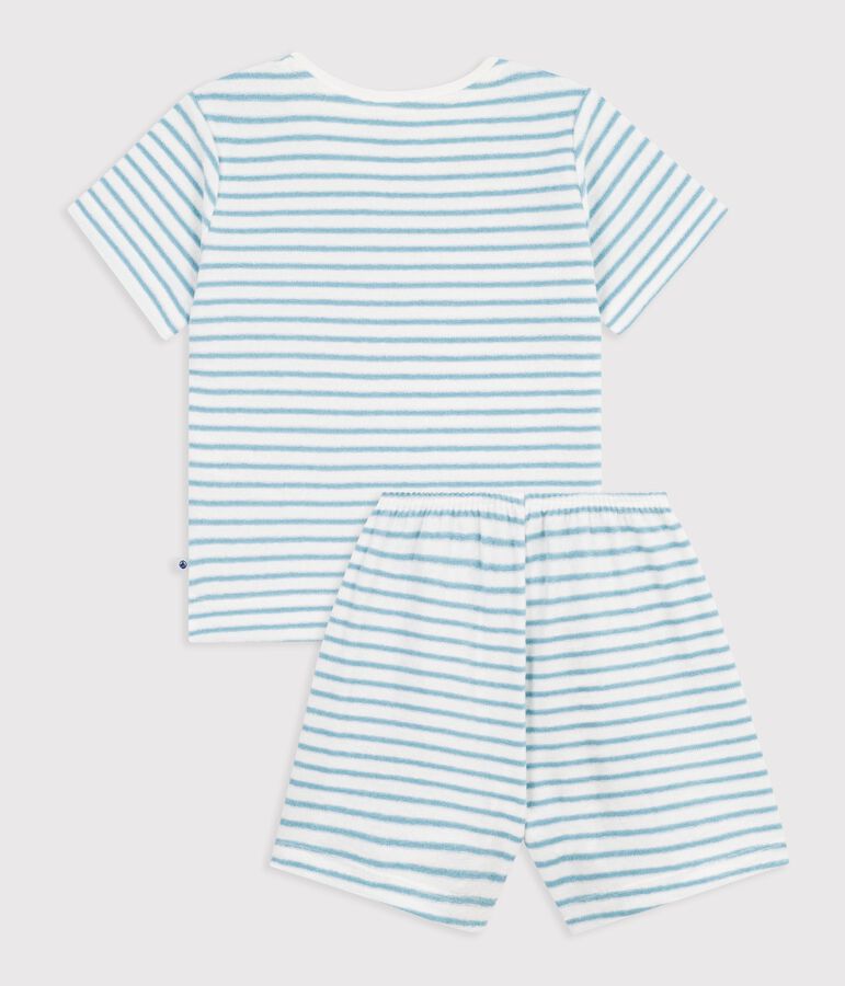 Pyjama short enfant en coton &eacute;ponge &agrave; rayures blanc/vert