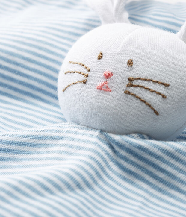Doudou lapin b&eacute;b&eacute; en c&ocirc;te bleu/blanc