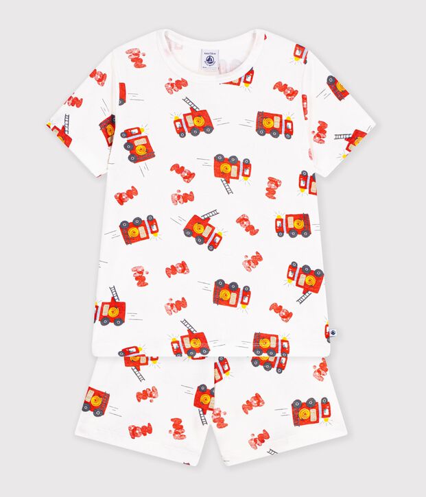 Korte katoenen kinderpyjama met brandweermanprint wit/multicouleur