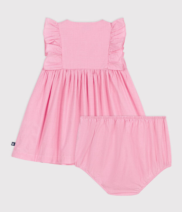 Mouwloos babyjurkje in licht katoen met bloomer en vichyprint wit/roze