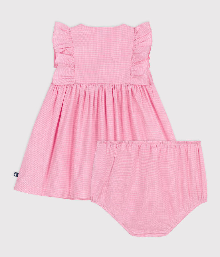 Robe b&eacute;b&eacute; en coton l&eacute;ger sans manches et bloomer, imprim&eacute;s vichy blanc/rose