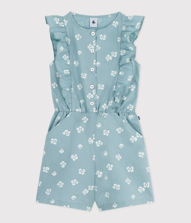 Mouwloze katoenen kinderjumpsuit met bloemenprint groen/wit
