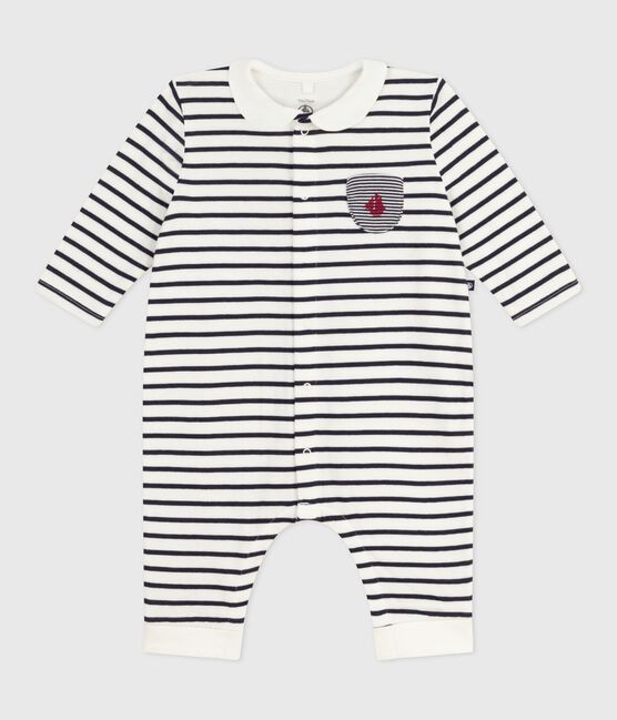 Combinaison bébé en coton à col, rayure marinière blanc MARSHMALLOW/bleu SMOKING
