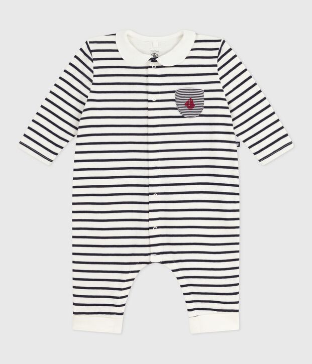 Combinaison b&eacute;b&eacute; en coton &agrave; col, rayure marini&egrave;re blanc/bleu