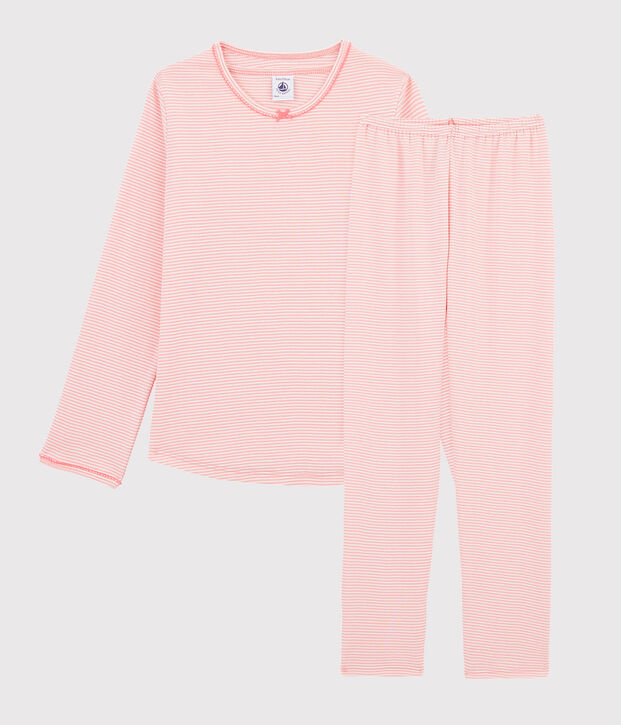 Meisjespyjama van ribtricot met fijne strepen. roze/wit