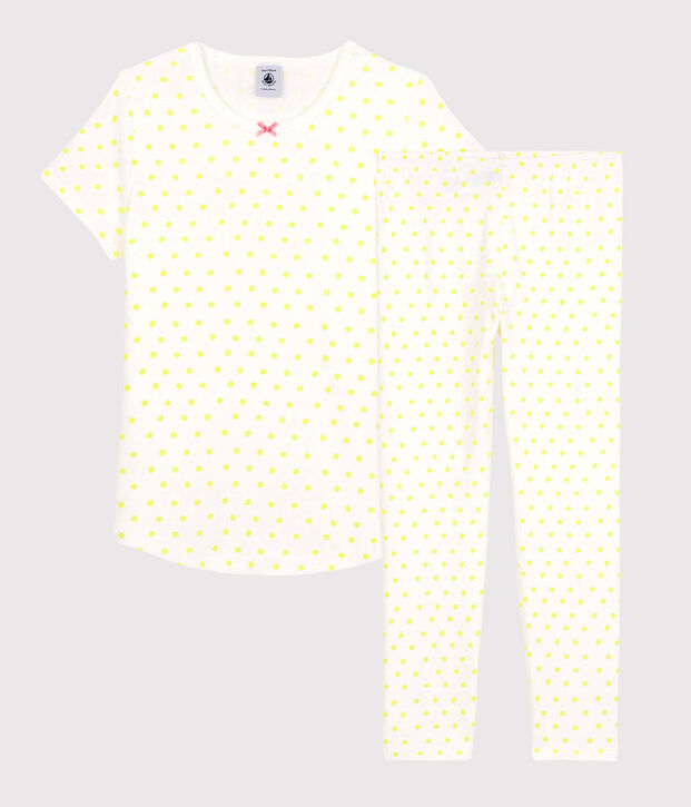 Katoenen pyjama voor meisjes met gele stippen wit/geel