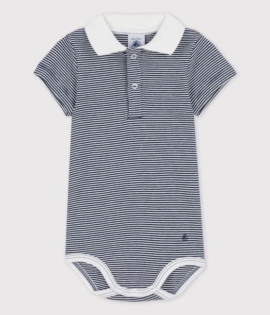 Body van biokatoen met 'milleraies'-streepjes en polokraagje voor baby's blauw SMOKING/wit MARSHMALLOW