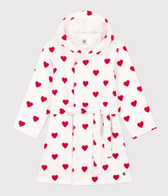 Badjas in badstof met hartjes voor meisjes/jongens wit MARSHMALLOW/rood TERKUIT