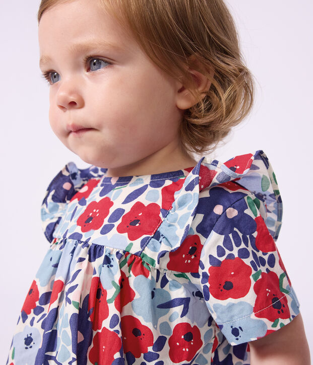 Katoenen babyjurk met korte mouwen en pofbroekje met bloemetjesprint wit/multicouleur