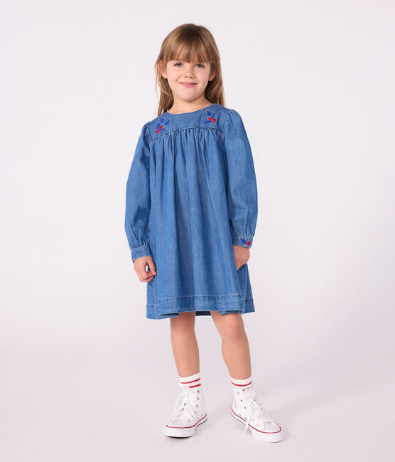 Kinderjurk met lange mouwen in denim blauw DENIM CLAIR