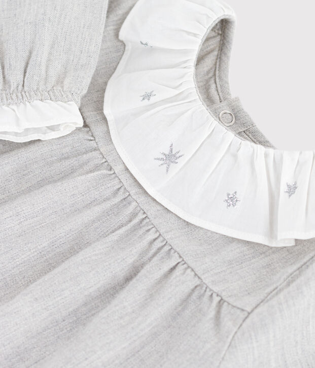 Robe b&eacute;b&eacute; en flanelle manches longues unie &agrave; col gris chin&eacute;