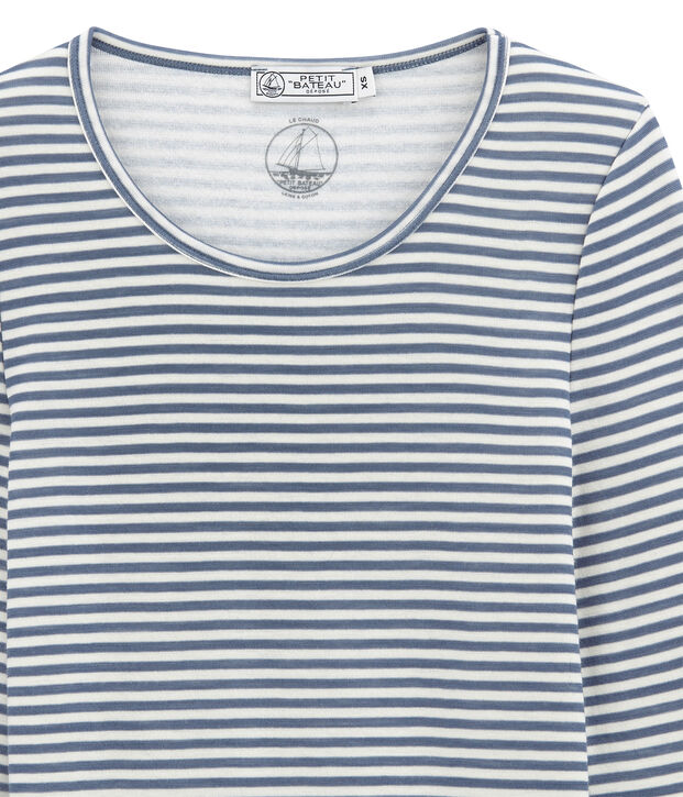 Tee shirt manches longues coton et laine pour femme bleu/blanc