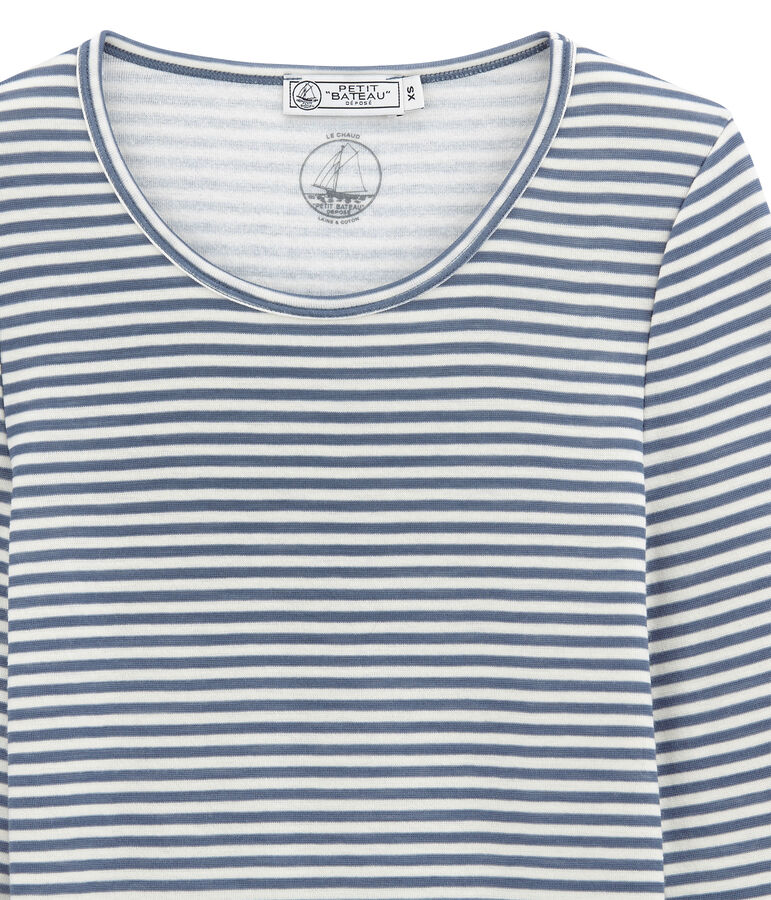 Tee shirt manches longues coton et laine pour femme bleu/blanc