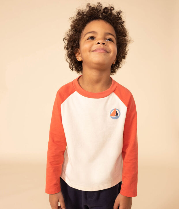 Jongens-T-shirt met lange mouwen in katoen ecru/oranje
