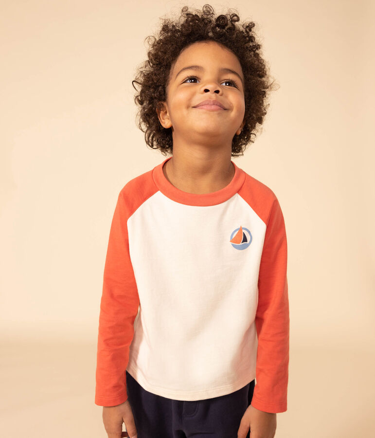 Tee-shirt manches longues en coton enfant gar&ccedil;on &eacute;cru/orange
