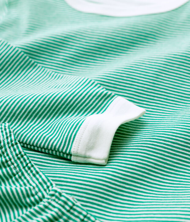 Jongens/meisjes pyjama met groene milleraies-strepen van biologisch katoen groen/wit