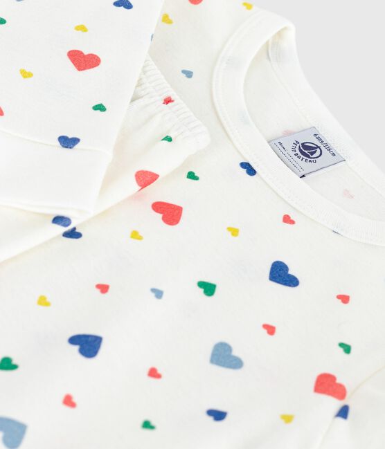Pyjama enfant en coton jambes très ajustées imprimé cœurs blanc MARSHMALLOW/blanc MULTICO
