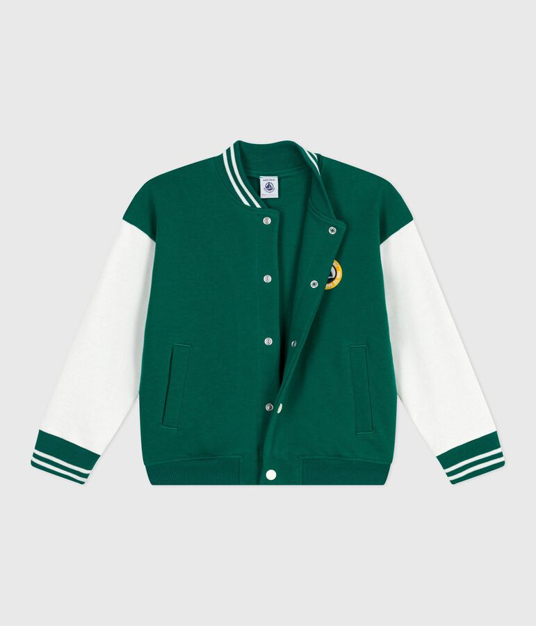 Veste teddy enfant en coton uni vert/&eacute;cru