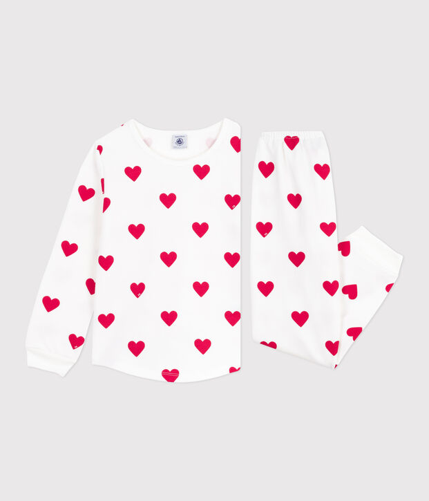 Kinderpyjama van fleece met hartjesprint wit/rood