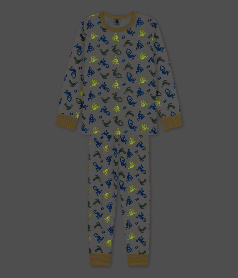 Katoenen jongenspyjama met fluorescerende aapjes wit MARSHMALLOW/wit MULTICO