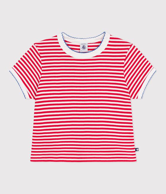 Tee-shirt enfant manches courtes en coton à rayures rouge POMPIER/ MARSHMALLOW