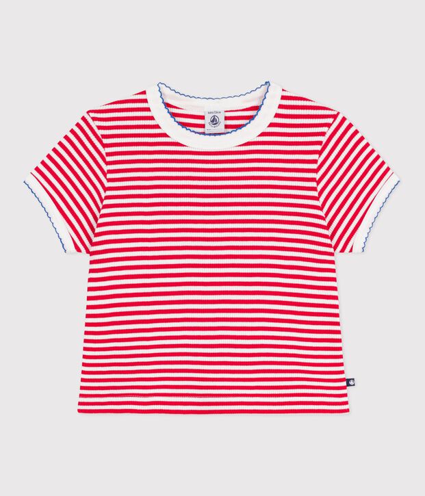 Katoenen kinder-T-shirt met korte mouw en streepjes rood/wit