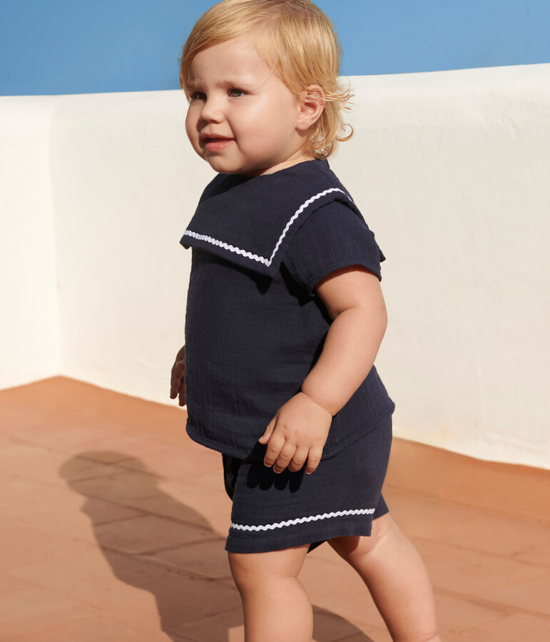 Tweedelig katoenen babysetje met marinedetails blauw