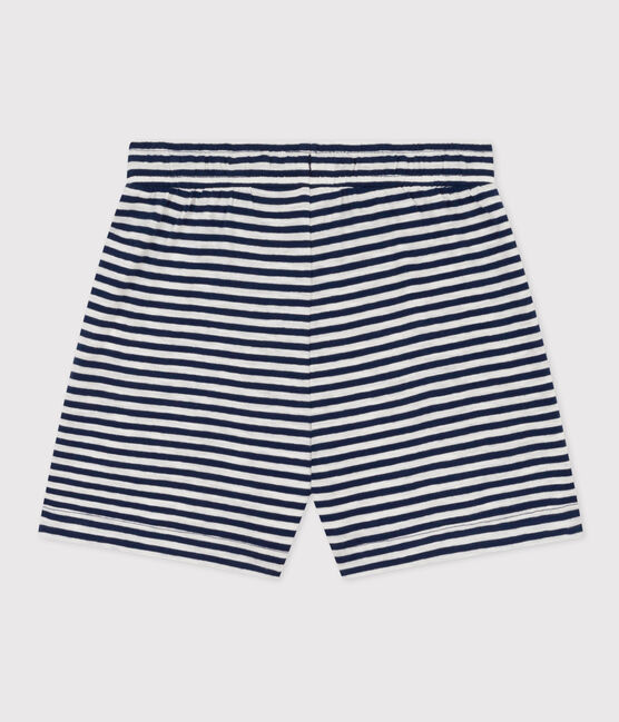 Gestreepte short van gevlamde jerseystof voor meisjes blauw MEDIEVAL/wit MARSHMALLOW