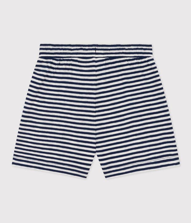 Gestreepte short van gevlamde jerseystof voor meisjes blauw/wit
