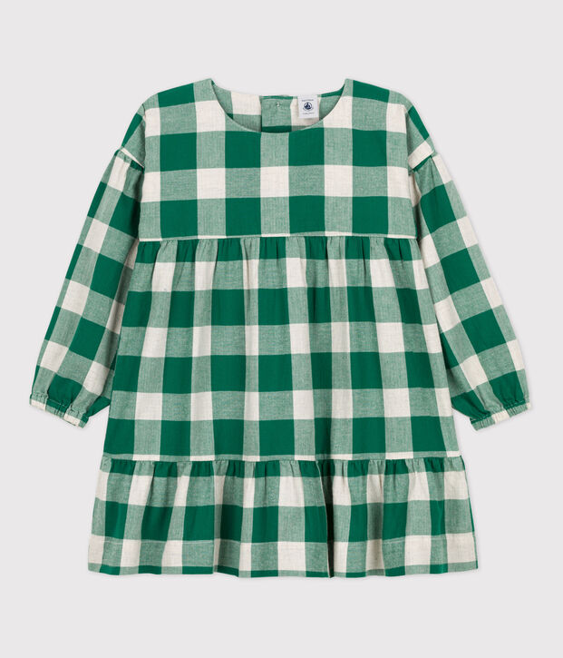 Robe &agrave; carreaux manches longues en flanelle enfant fille MATCHA/&eacute;cru