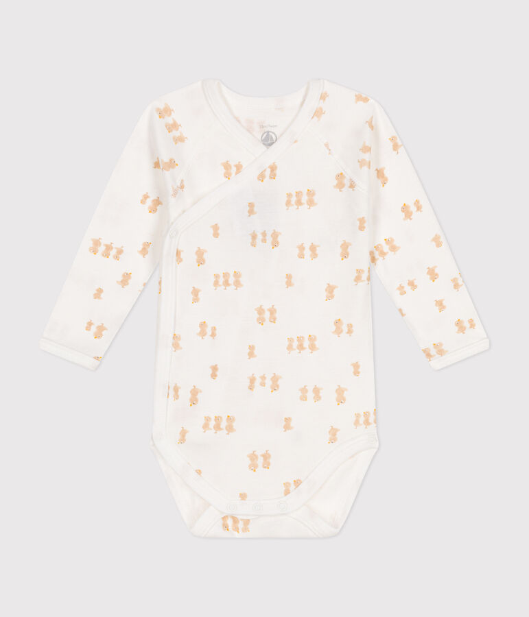 Katoenen overslagbody met lange mouwen voor baby's wit/beige