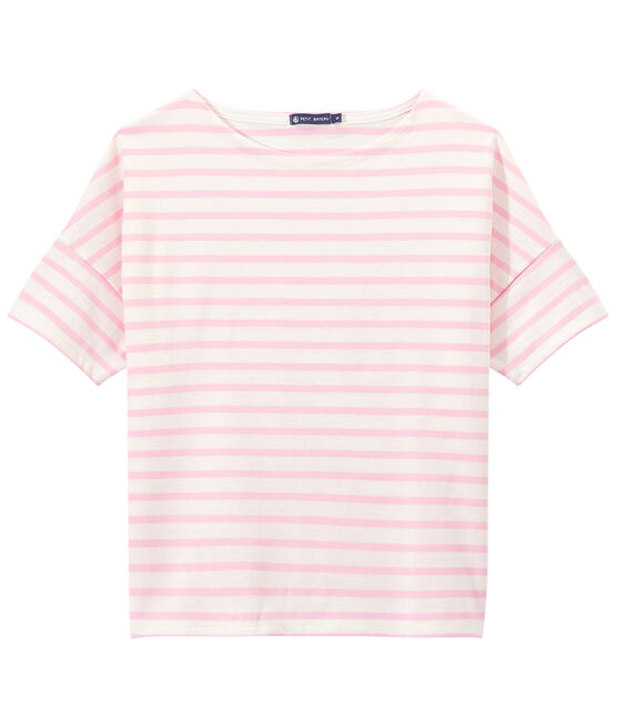 Damesmarinetrui met korte mouwen uit jersey wit MARSHMALLOW/roze BABYLONE